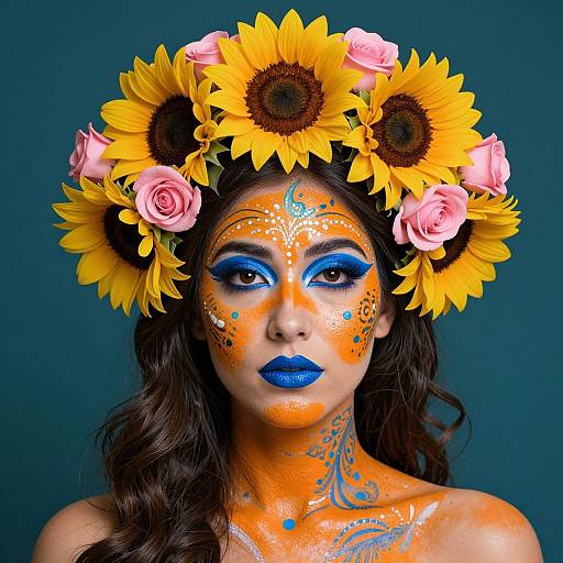 Photograph of a woman with sunflower and rose headpiece, vivid orange and blue face paint, blue lipstick, dark wavy hair, against dark