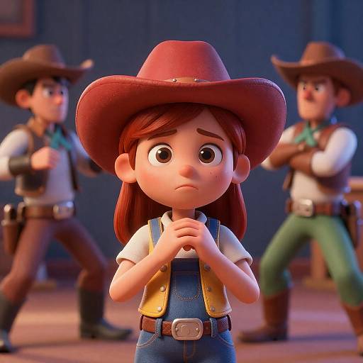 Worried Girl with Cowboys in 3D CGI Scene