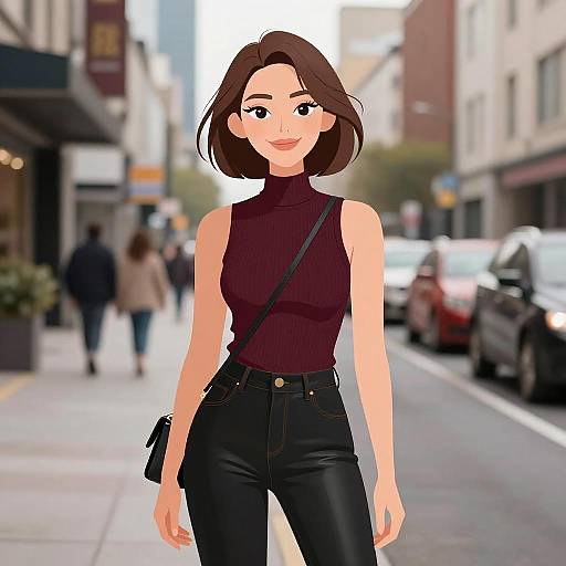 Digital illustration of a stylish woman with short brown hair, wearing a sleeveless black turtleneck and black leather pants, standing on a busy urban street
