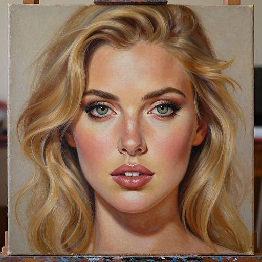 Digital painting of a blonde woman with green eyes, wavy hair, and pink lipstick, staring directly ahead with a neutral expression.
