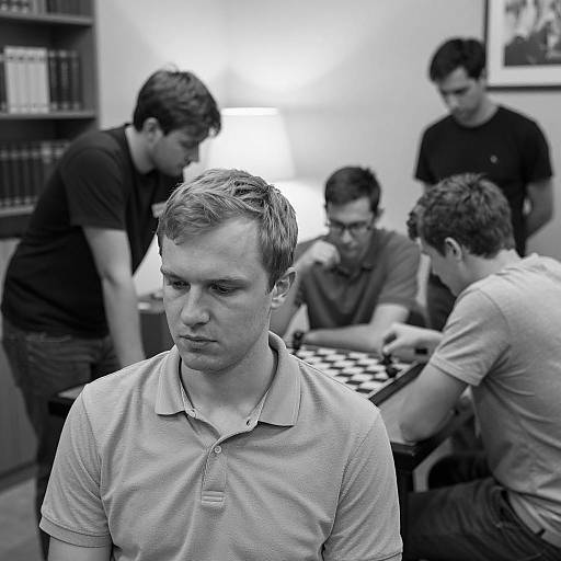 Young Man Contemplating in Chess Room