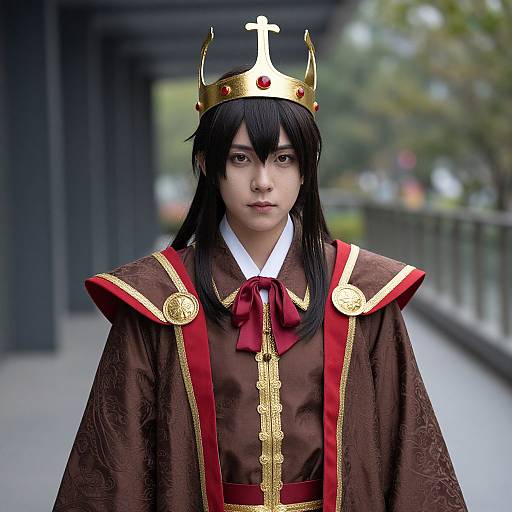 Photograph of an Asian person in detailed brown and gold cosplay of a medieval king, wearing a gold crown with a cross, red and gold robe,