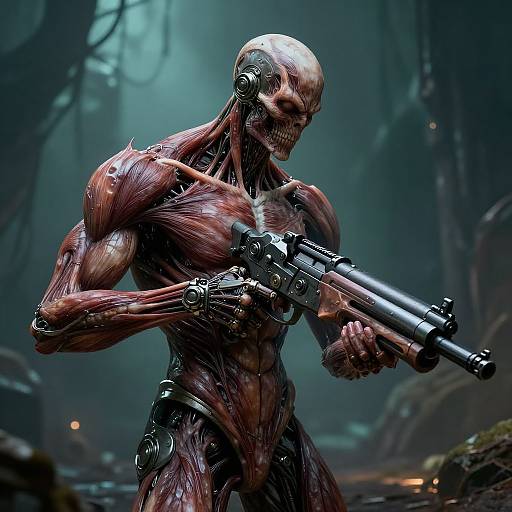 CGI sci-fi image: A muscular, skeletal cyborg with exposed red muscles and a bald head holds a futuristic gun in a dark, foggy