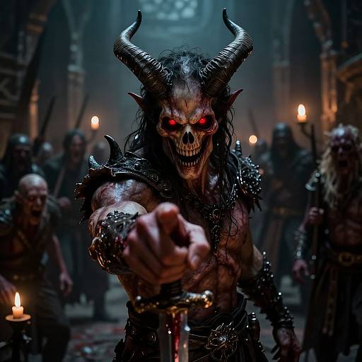 Photorealistic CGI of a menacing demon with glowing red eyes, sharp horns, and spiked armor, pointing forward in a dark, candle-lit cavern