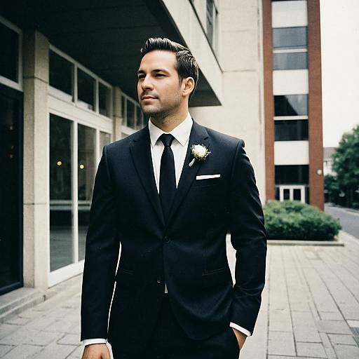 Photograph of a handsome young man with short dark hair, wearing a black suit, white shirt, black tie, and white flower boutonnière