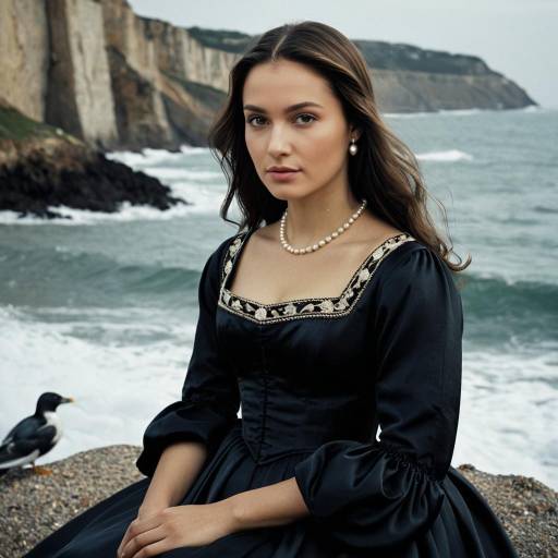 Young Woman in Vintage Dress by Rocky Coast