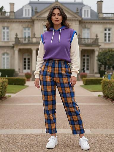 Photograph of a woman with wavy brown hair, wearing a purple and white hoodie, blue and orange plaid pants, and white sneakers, standing