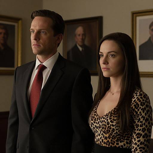 Photograph of a serious-looking man in a black suit and red tie standing beside a woman with long brown hair in a leopard print dress, both in