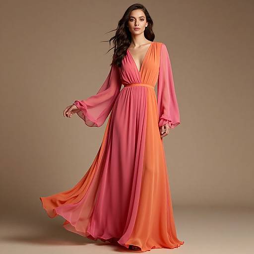 Photograph of a dark-haired woman in a long, flowing, V-neck orange and pink gown with bell sleeves, standing against a plain beige background.