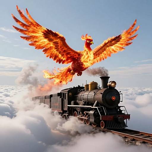 Illustration of a fiery, orange bird soaring above a black steam train with smoke, flying through a cloudy sky.