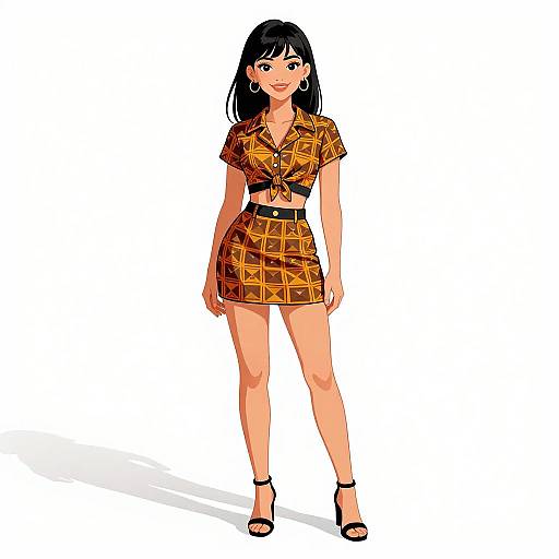 Digital illustration of a confident woman with black hair, wearing a yellow-orange geometric patterned crop top and mini skirt, black belt, and black high heels