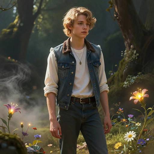 Photograph of a young blonde man with wavy hair, wearing a denim vest over a white shirt, standing in a magical forest with glowing flowers and