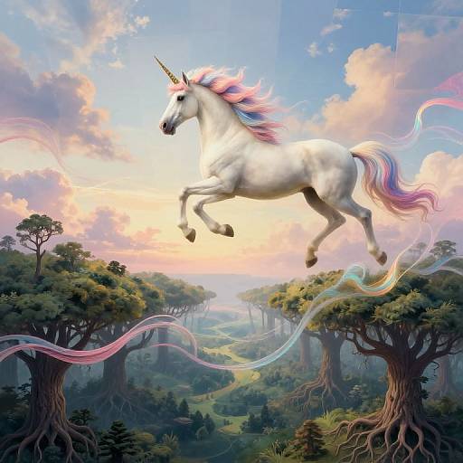 Digital artwork of a white unicorn with a rainbow mane and tail, leaping between two tree-topped cliffs in a vibrant, magical forest landscape at sunset
