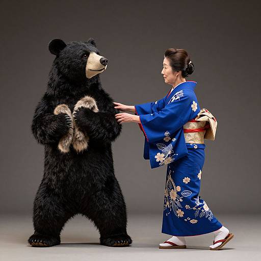 Photograph of a woman in a blue floral kimono interacting with a large, black bear costume against a gray background.