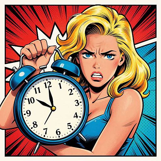 Comic-style illustration of a furious blonde woman with blue eyes, holding a blue alarm clock, showing 10:10, against a red and blue burst