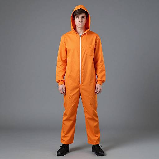 Photograph of a young man standing against a gray background, wearing an orange prison jumpsuit with a hood, and black shoes.