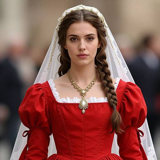 Photograph of a young woman with fair skin, dark brown hair in a braid, wearing a red Renaissance-style dress with puffed sleeves, white