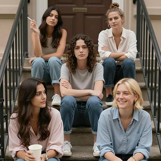 Six Women Relaxing on Outdoor Stairs
