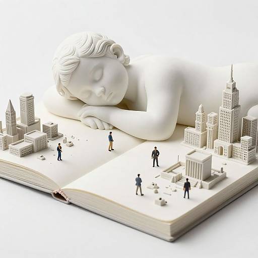 Digital artwork: Giant white marble bust of a sleeping woman with closed eyes, lying on an open book, featuring tiny black figures and a mini cityscape