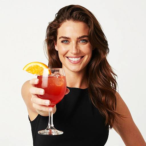 Photograph of a smiling woman with long brown hair, wearing a black sleeveless top, holding a red cocktail with an orange slice. White background.