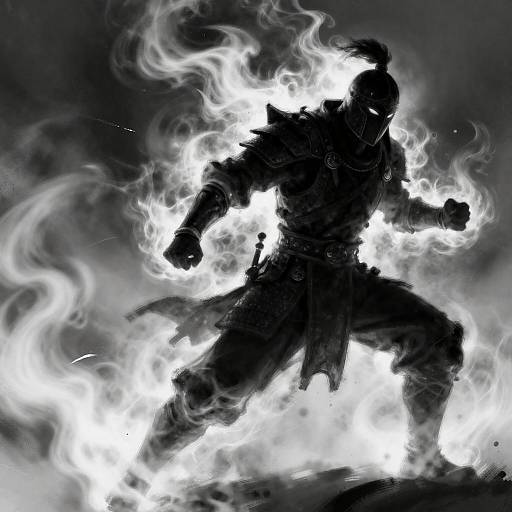 Monochrome Warrior Amid Swirling Flames