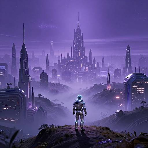 Sci-fi digital artwork: A lone, armored astronaut with a glowing blue helmet stands on a misty hill, gazing at a futuristic, purple-l