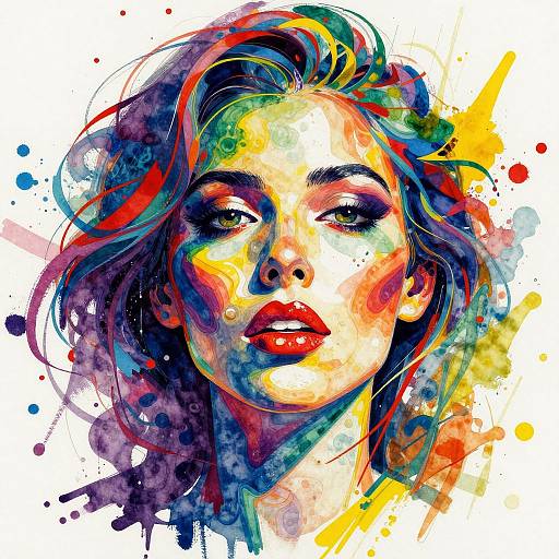 Vibrant watercolor portrait of a woman with colorful, abstract hair, red lips, and intense gaze, splattered with bold colors on white background