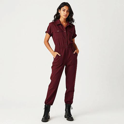 Confident Young Woman in Maroon Jumpsuit