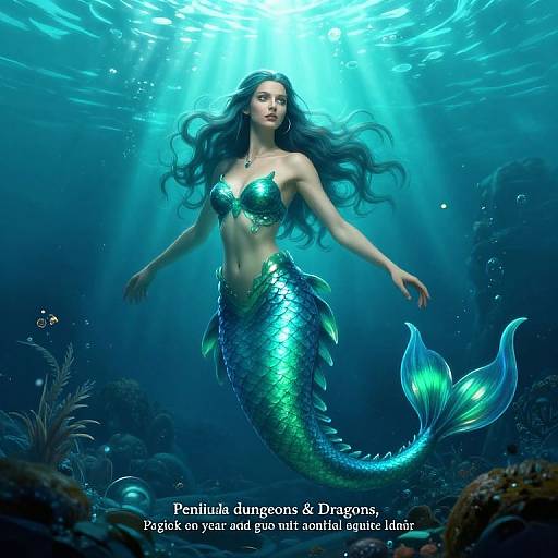 Digital art of a beautiful, blue-green mermaid with long, flowing hair, shimmering scales, and a glowing tail, floating underwater. Text:
