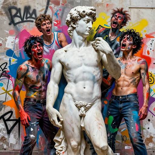 Digital art: Four shirtless, tattooed men with wild hair and open mouths surround a white, classical nude statue against a graffiti-covered wall. Bright