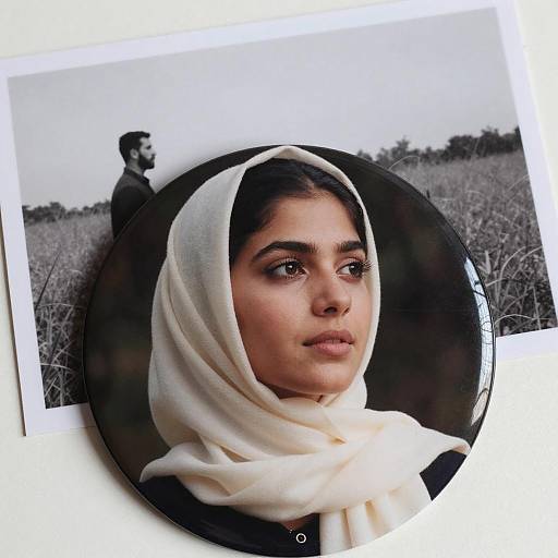 Woman in Headscarf with Black-and-White Photo Background