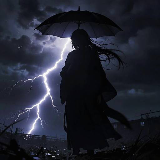 Dark Umbrella Yokai Under Stormy Sky