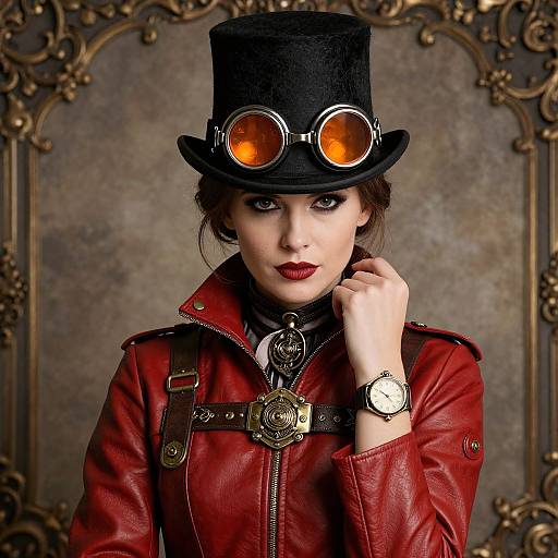 Steampunk woman in red leather jacket, black top hat with orange goggles, vintage watch, ornate gold buckle, dark lipstick, textured metallic background