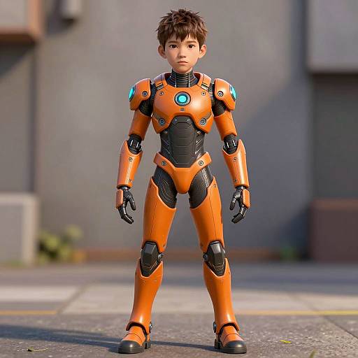 Young Boy in Futuristic Orange Cyborg Armor