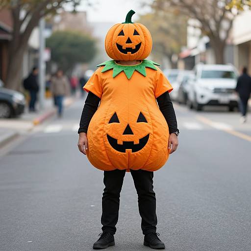 Photograph of a person standing on a street in a bright orange pumpkin costume with a green collar and black pants.