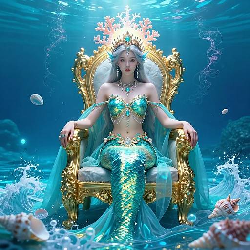 Digital artwork of a mermaid queen with long silver hair, green scales, and a gold throne, underwater with coral and bubbles.