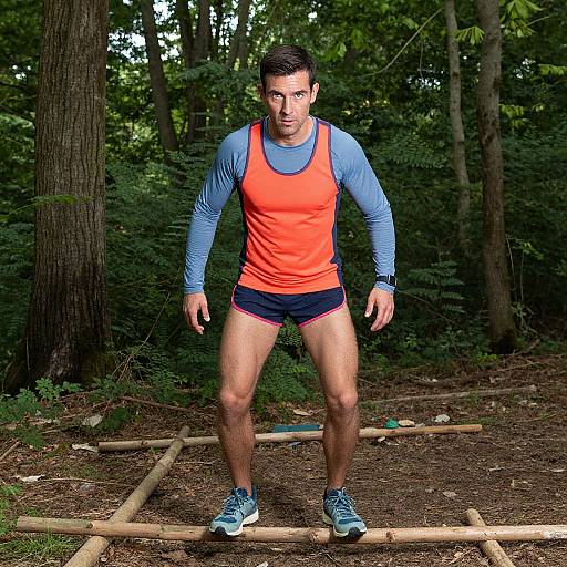 Photograph of a fit, Caucasian man with short dark hair, wearing an orange tank top, blue long sleeves, black shorts, and blue sneakers,