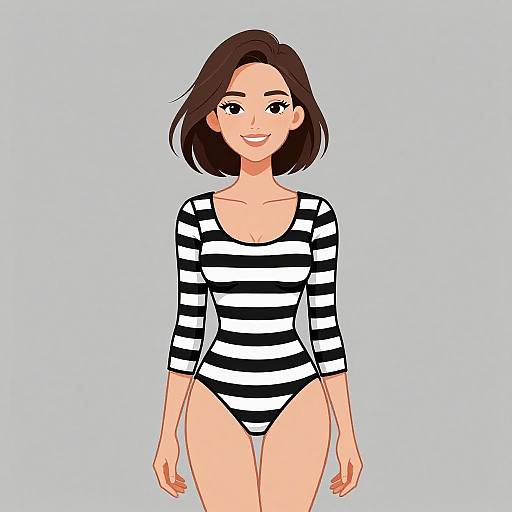 Digital illustration of a smiling woman with short brown hair, wearing a black-and-white striped one-piece swimsuit, against a light blue background.