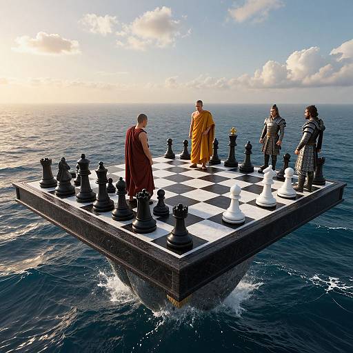 Photograph of four men—two in robes and two in armor—playing a floating chessboard on a sunlit ocean at sunset.