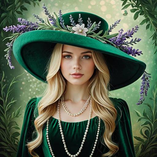 Elegant Woman in Emerald Green Hat with Lavender