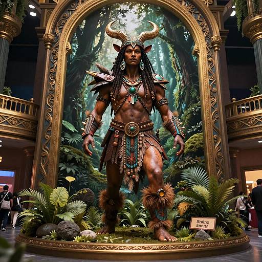 Photograph of a muscular, dark-skinned, horned warrior statue in detailed tribal armor, set in a lush jungle-themed exhibit with gold arch and
