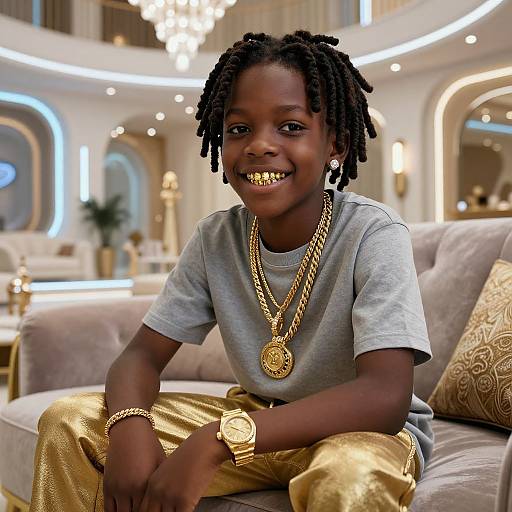 Photograph of smiling young Black boy with dreadlocks, wearing gold watch, necklace, and pants, gray shirt, seated on beige sofa in luxurious,