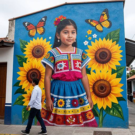 Colorful Mural of Girl with Sunflowers