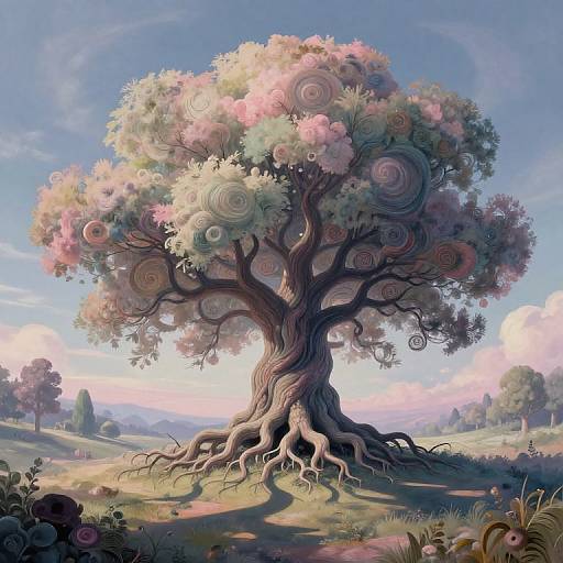 Digital painting of a surreal tree with swirling pink and white roses, twisting gnarled roots, and a bright, dreamy landscape.