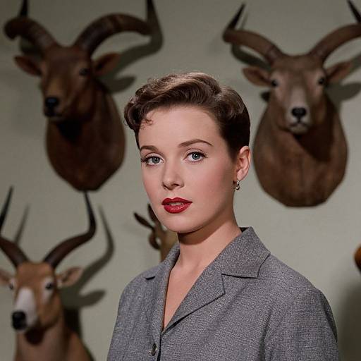 Photograph of a fair-skinned woman with short brown hair, red lipstick, and gray blazer, standing in front of mounted deer heads.