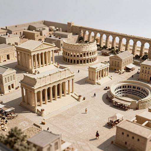 Photograph of a detailed, miniature Roman-style cityscape with a central forum, colonnaded buildings, an amphitheater, and an arch bridge