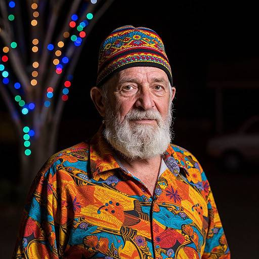 Elderly Man with Colorful Attire and Lights