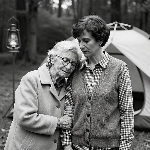 Elderly Woman Leaning on Younger Woman Outdoors