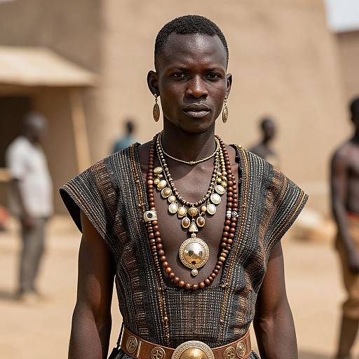 Photograph of a dark-skinned African man with short hair, wearing a textured black shirt, gold jewelry, and bead necklaces, standing in a