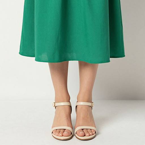 Photograph of a woman's lower legs wearing a green, flowy skirt, and beige ankle-strap sandals, standing against a plain white background.